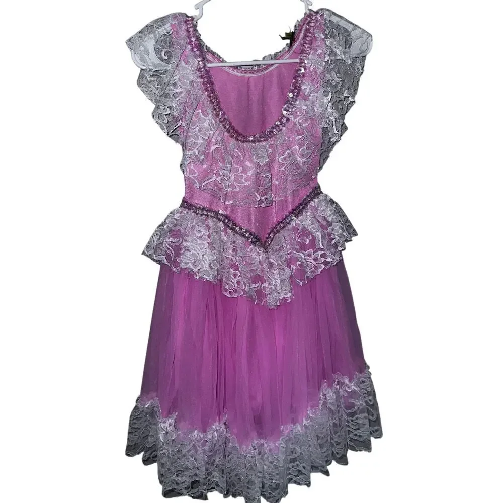 Vintage pink nylon lace kids dance dress sz L